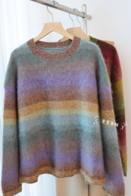 100%纯山羊绒衫拉绒拉毛彩色渐变圆领长袖套头针织衫宽松休闲毛衣