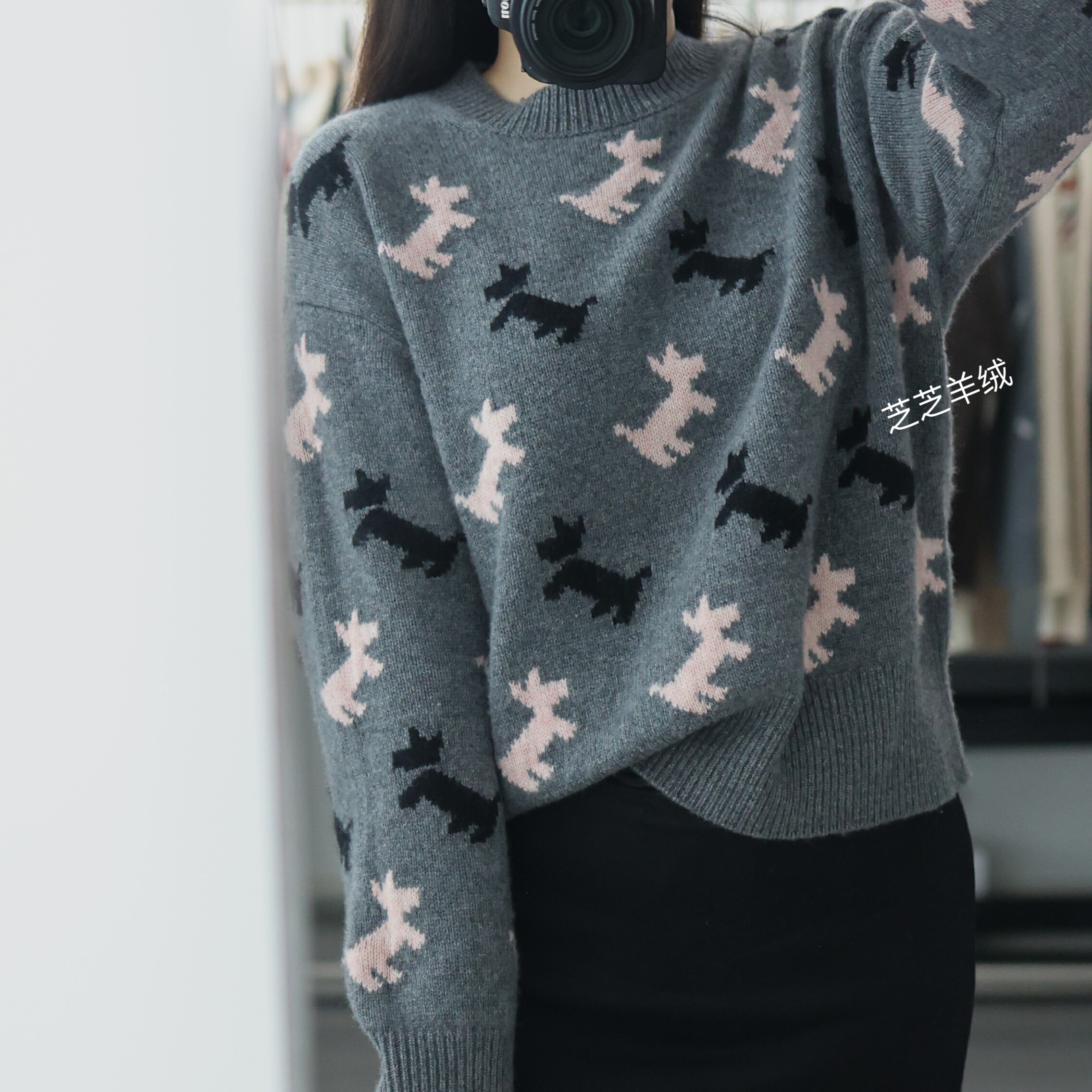 100%山羊绒衫休闲可爱卡通小狗羊绒针织衫毛衣