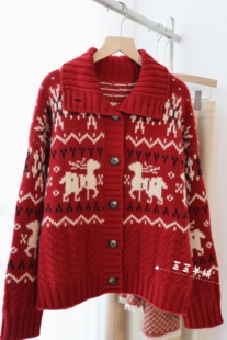 百分百纯山羊绒衫小鹿提花两用领羊绒衫开衫外套加厚休闲毛衣