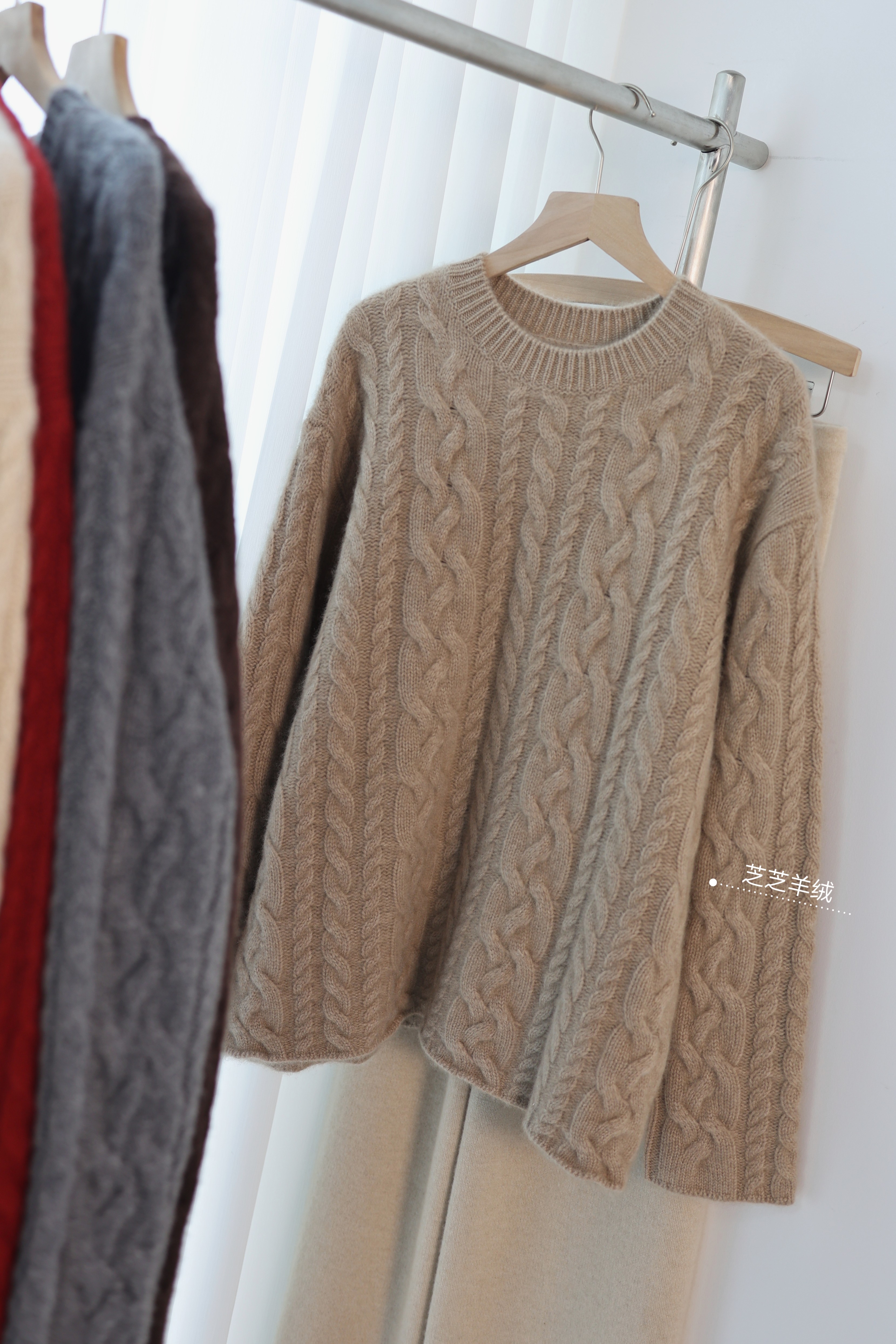 100%纯山羊绒衫星家圆领麻花长袖针织衫宽松休闲毛衣厚