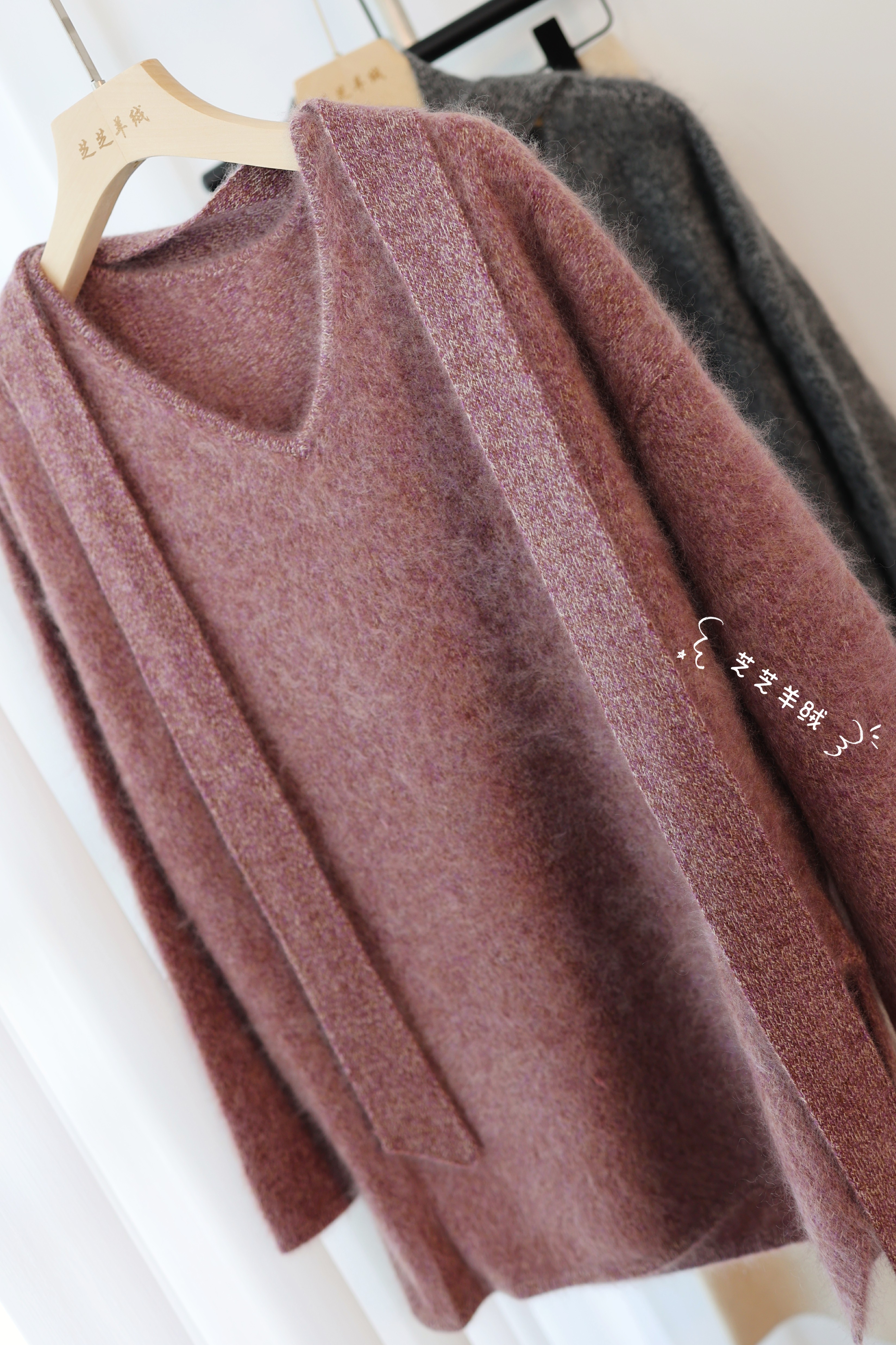 100%纯山羊绒衫拉毛拉绒花纱V领飘带围巾套头针织衫宽松休闲毛衣