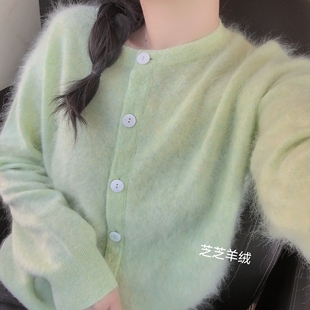 100山羊绒拉绒纯色圆领长袖单排扣羊绒衫针织衫开衫女