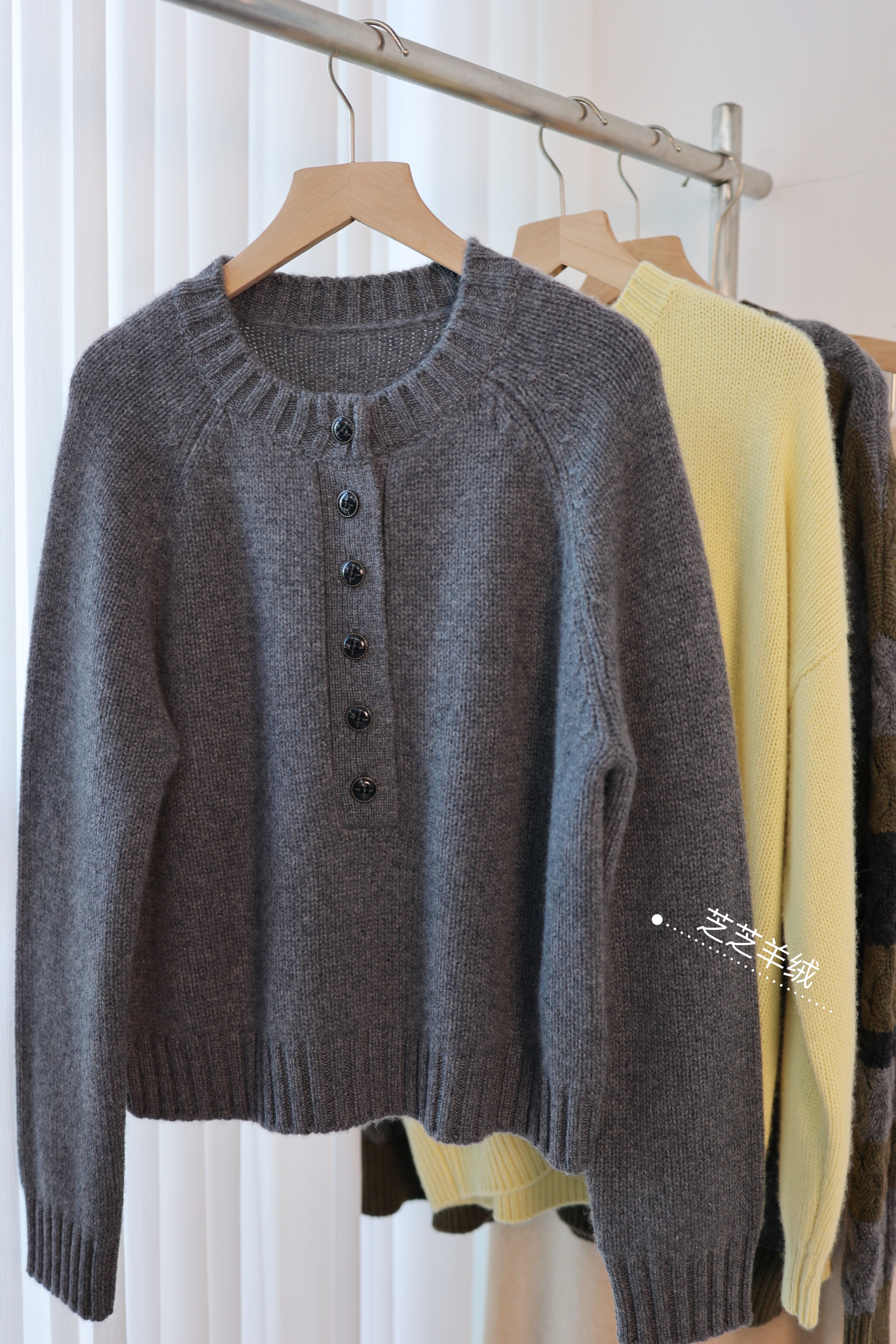 100%纯山羊绒衫灰色半开领长袖圆领套头针织衫毛衣软糯保暖