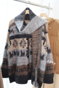 100%纯山羊绒衫拉毛拉绒宽松慵懒提花小狗长袖大开衫保暖外套围巾