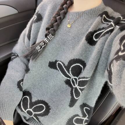 100%山羊绒秋冬加厚羊绒衫花朵宽松慵懒风羊绒毛衣针织衫