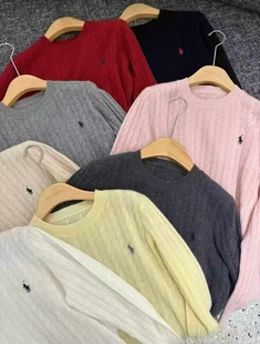 100%纯山羊绒衫纯色圆领麻花小马标长袖套头针织衫内搭外穿百搭