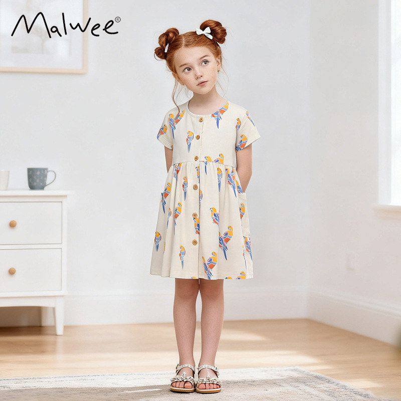跨境malwee儿童连衣裙夏装新款可爱女孩圆领短袖欧美中小童公主裙