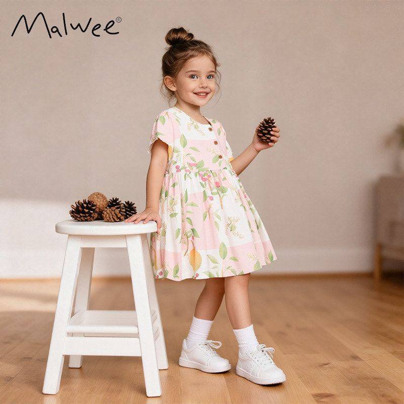 跨境malwee女童连衣裙夏装新款圆领短袖欧美中小童洋气儿童公主裙