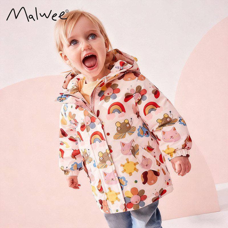 malwee女童加绒风衣外套秋冬新款欧美儿童加厚开衫连帽秋冬拉链衫