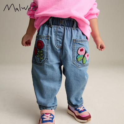跨境malee女童裤子秋冬新款欧美中小童松紧腰牛仔裤洋气冬休闲裤