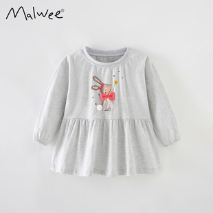 跨境malwee女童裙摆式T恤衫秋冬新款欧美中小童圆领长袖洋气上衣