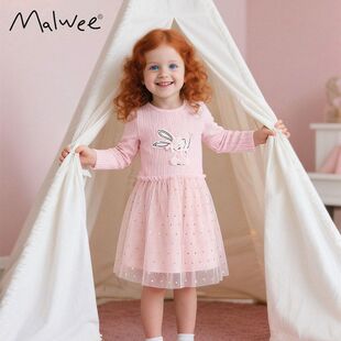 跨境malwee女童连衣裙春秋新款 公主裙儿童裙子 欧美中小童圆领长袖
