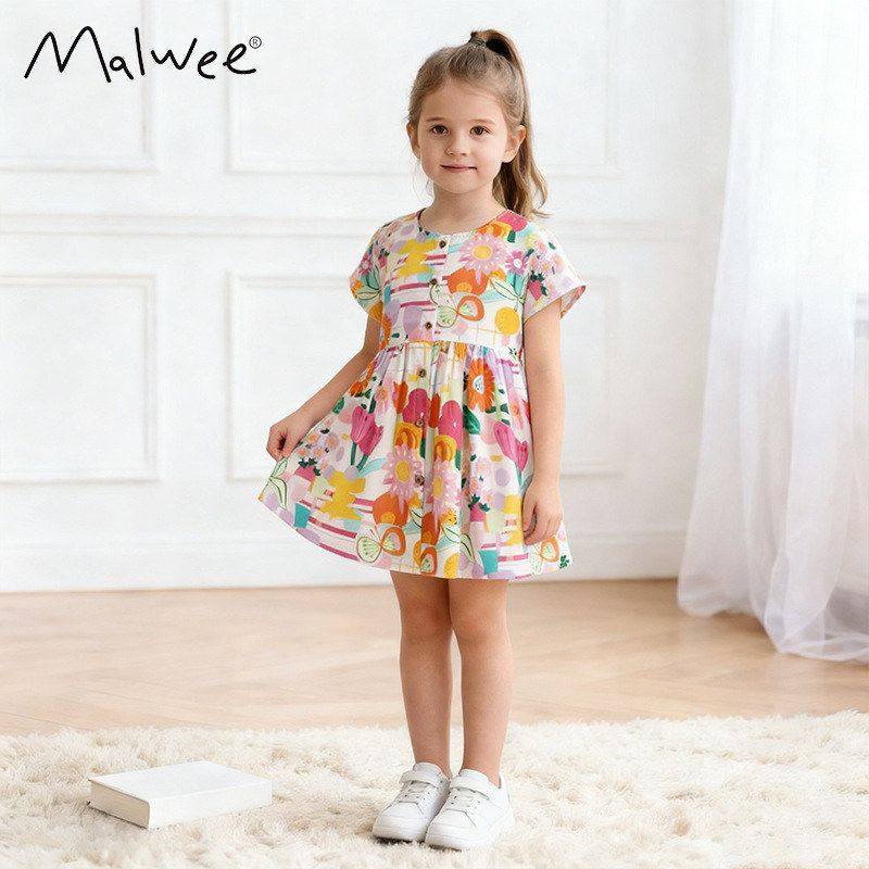 malwee女童连衣裙2026夏装新款可爱小女孩圆领短袖欧美中小童裙子