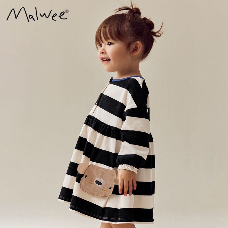 跨境malwee女童连衣裙秋冬新款欧美中小童圆领长袖大条纹公主裙