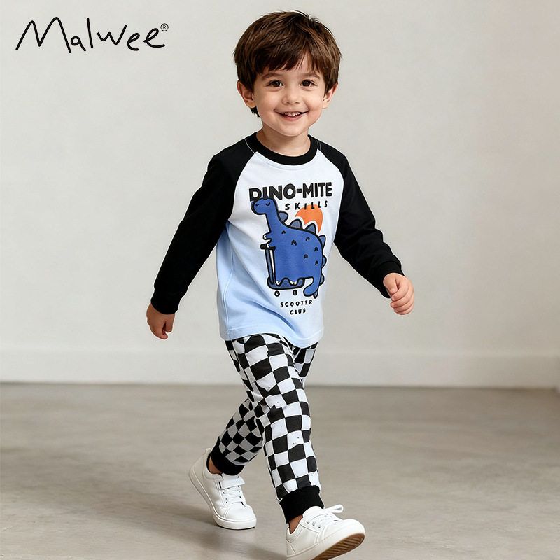 malwee男童家居服秋冬新款欧美儿童圆领长袖休闲纯棉儿童睡衣套装