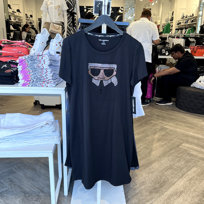 Lisa姐姐美国直邮 老佛爷Karl Lagerfeld黑色头像水钻连衣裙