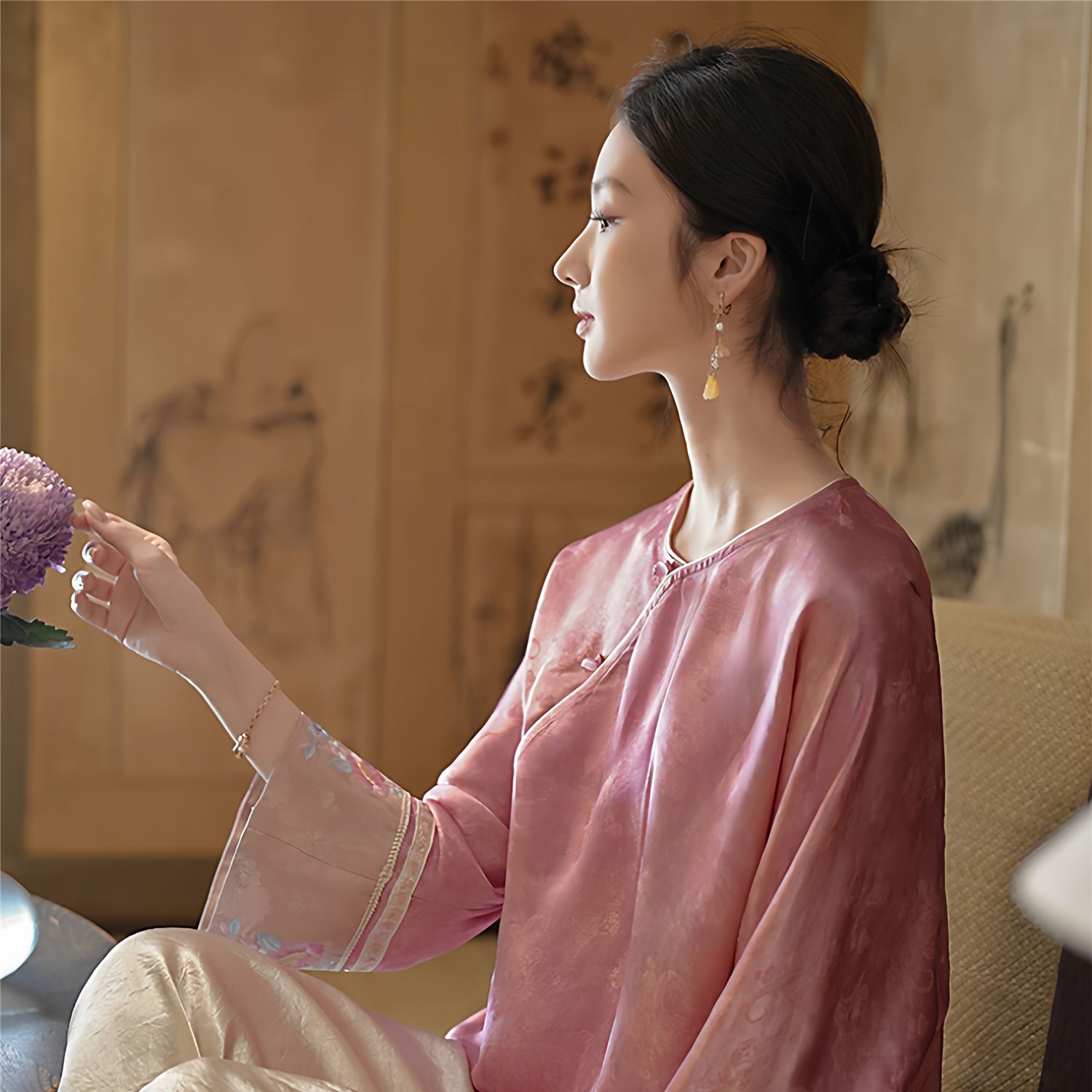 新中式国风上衣女高端复古斜襟印花打底小衫