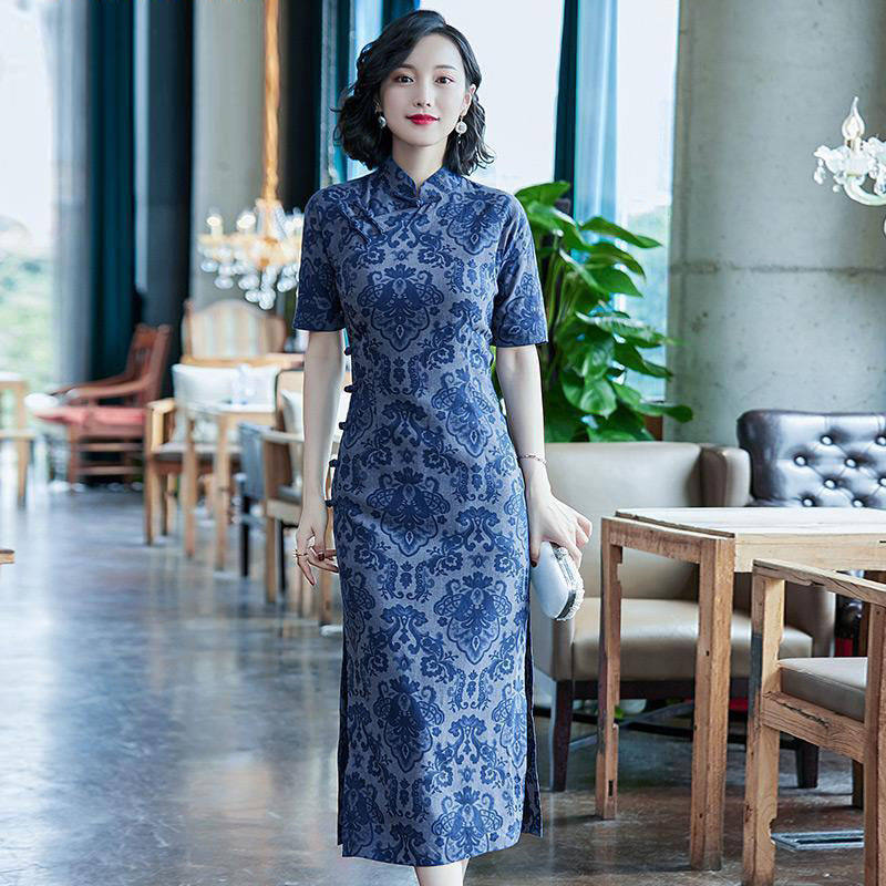 蓝色中国风旗袍3夏装新款女装日常改良复古优雅气质长款连衣裙