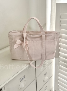 （BottleBunny)实用大口袋粉色灯芯绒健身包通勤包手提单肩包