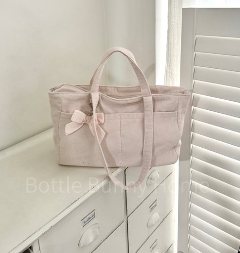 （BottleBunny)实用大口袋粉色灯芯绒健身包通勤包手提单肩包