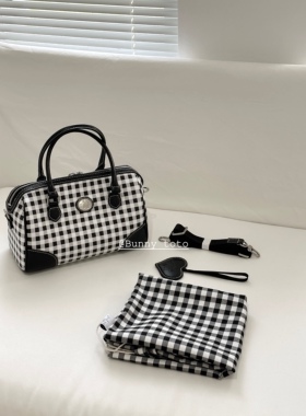 BottleBunny'黑白格纹经典色百搭波士顿手提斜挎包