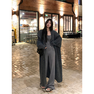 羊毛外套女 Adan慵懒粗线大翻领毛衣秋冬加厚软糯宽松休闲灰色长款