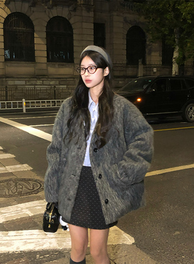 Adan 高级感灰色V领加绒毛呢大衣2025冬季保暖廓形感羊毛外套女