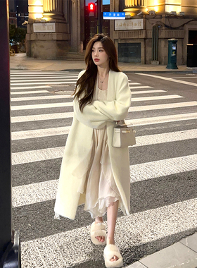 Adan 白色仿水貂毛长款开衫秋款韩版宽松百搭加厚保暖毛衣外套女