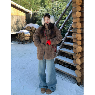 Adan 复古宽松加厚保暖夹棉棉服女 咖色牛角扣羊羔毛外套2024冬季