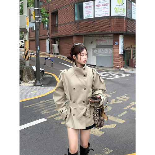 DDang 立领短款绑带风衣复古美式韩系设计感宽松百搭翻领外套女