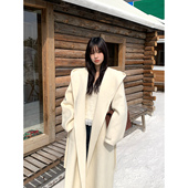 Adan羊毛手工连帽白色大衣女冬季 韩系宽松慵懒廓形双面呢大衣外套