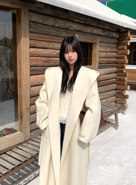 Adan羊毛手工连帽白色大衣女冬季韩系宽松慵懒廓形双面呢大衣外套