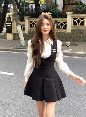 Adan 春夏U型领学院风西装裙修身显瘦黑色气质百搭A字型连衣裙女