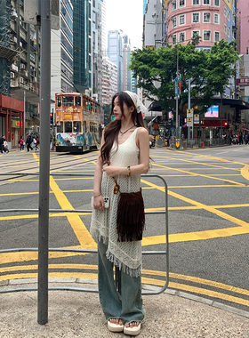 Adan镂空罩衫背心V领慵懒宽松显瘦针织叠穿设计感中长款上衣女夏