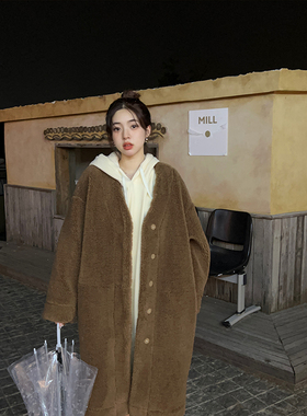 Adan泰迪咖V领咖色羊羔毛2024冬季宽松加厚保暖中长款慵懒外套女