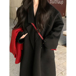 外套 领羊毛长款 Adan冬季 大口袋双面呢黑色大衣女复古韩系宽松西装