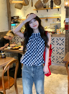 Adan挂脖格纹上衣2025夏季韩系宽松显瘦气质设计感花苞短款衬衫女