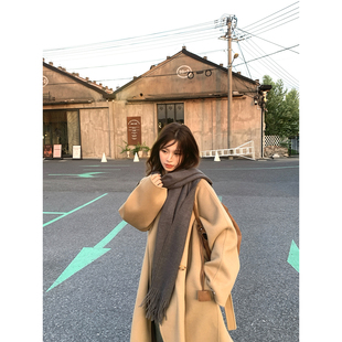DDang卡其色双面呢大衣冬季韩系宽松廓形感羊毛西装领长款外套女