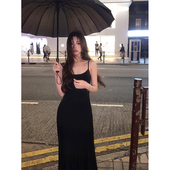 显瘦百搭莫代尔长款 Adan鱼尾吊带裙2024韩版 修身 A字黑色连衣裙女