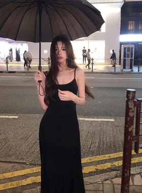 Adan鱼尾吊带裙2024韩版修身显瘦百搭莫代尔长款A字黑色连衣裙女