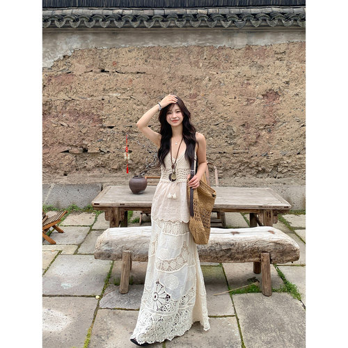 Adan 钩花半身裙夏季复古杏色高腰显瘦百搭蕾丝刺绣重工A字裙女
