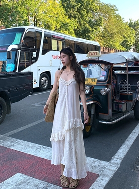 Adan 棉麻感蕾丝拼接裙夏季气质显瘦百搭设计感拼接吊带连衣裙女