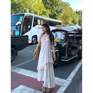 Adan 气质显瘦百搭设计感拼接吊带连衣裙女 棉麻感蕾丝拼接裙夏季