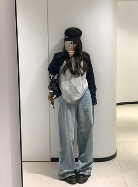 Adan 浅蓝色弯刀裤秋冬美式复古百搭宽松休闲设计感阔腿牛仔裤女