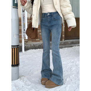 高腰显瘦百搭休闲保暖牛仔裤 Adan 韩版 冬季 女 加绒浅蓝色微喇叭裤