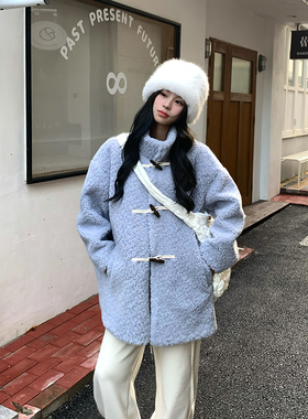 Adan墨尔本牛角扣仿羊羔毛外套冬季复古宽松中长款加厚立领大衣女