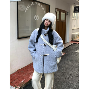 Adan墨尔本牛角扣仿羊羔毛外套冬季 加厚立领大衣女 复古宽松中长款