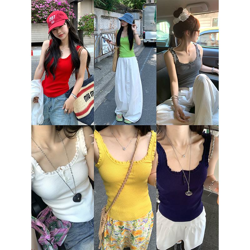 Adan多色木耳边冰丝背心夏季修身显瘦百搭短款内搭无袖吊带上衣女