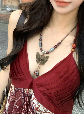 Adan波西米亚风蝴蝶吊坠项链复古民族风小众新中式异域挂脖毛衣链