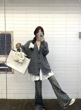 Adan做旧灰宽松喇叭裤秋季新款美式韩版百搭休闲设计感高腰长裤女